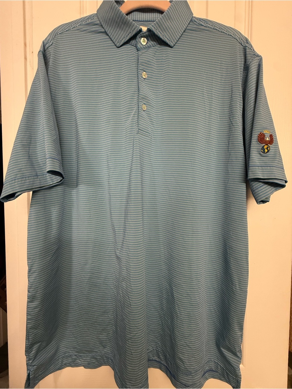 Donal Ross Light Blue Men's Golf Polo Shirt blue with small pink stripes SZ Lg